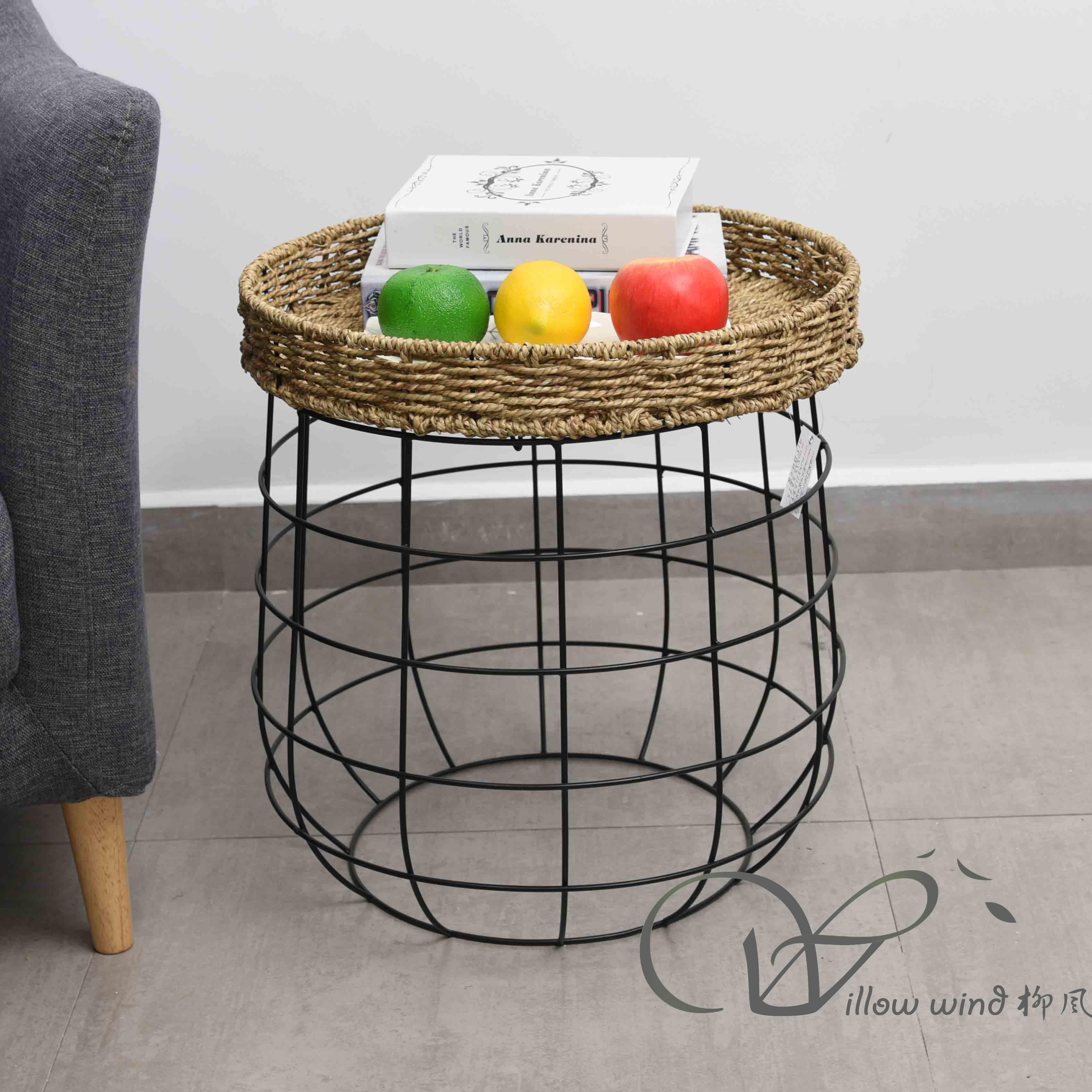 3 Pack Round End Table Sea grass top Coffee table Bed Side Table with Wrought Iron Support for Livin
