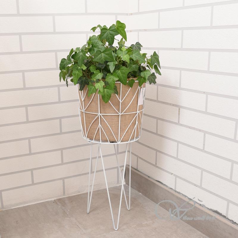 Knockdown white round wire flower shelf jute basket pot storage basket