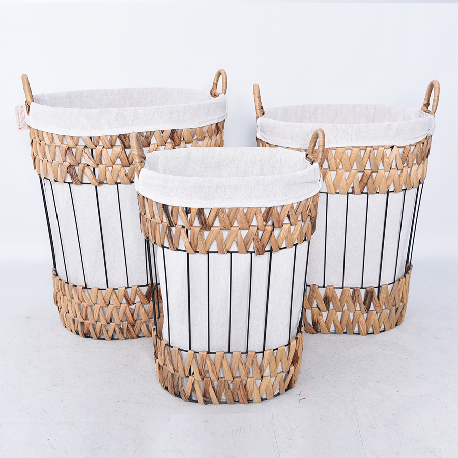 Water hyacinth grass woven black round iron wire basket storage basket