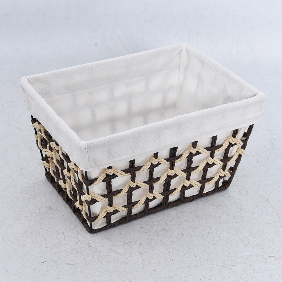 Brown and yellow color rectangle paper rope storage basket